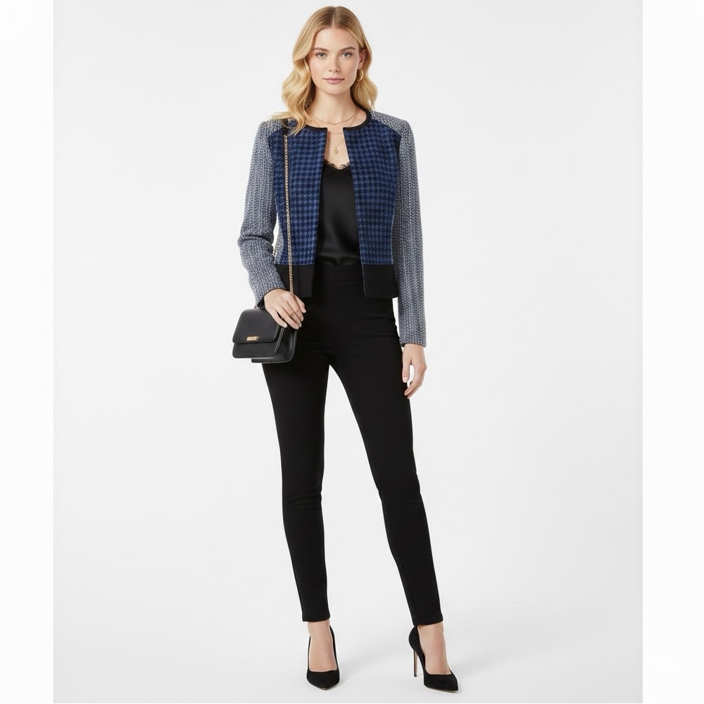 Ann Taylor Women's 2P Petite Blazer Blue Black Houndstooth Cotton Wool LS - Picture 13 of 13